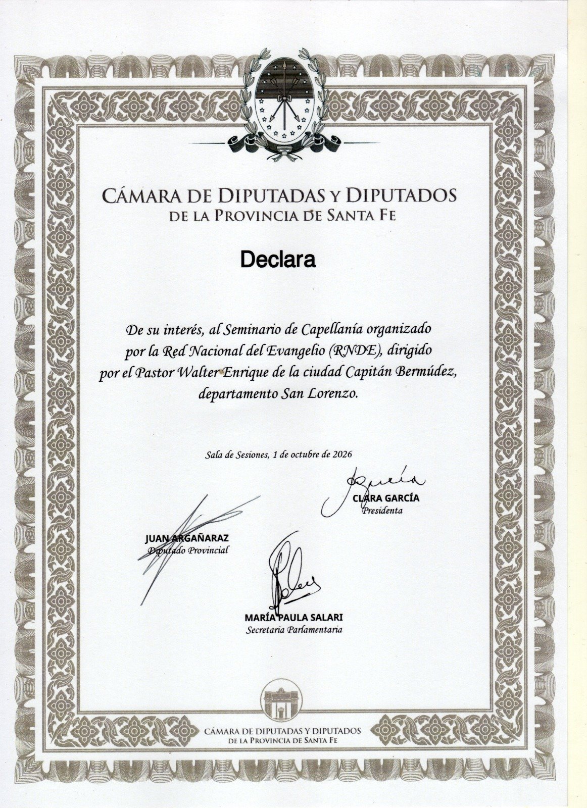 Agradecimiento institucional - Seminario de Capellanía